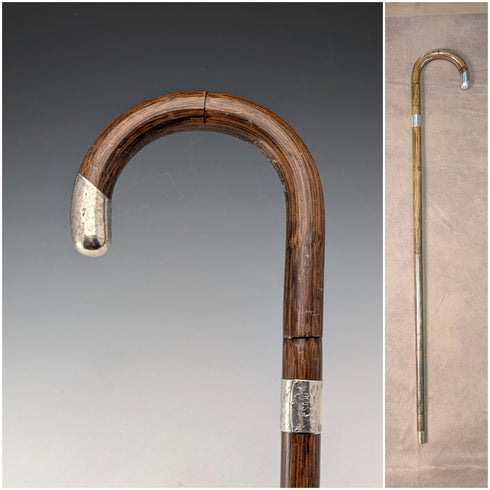 1914年 英国アンティーク ブラウンシャフト 曲がりハンドル 純銀装飾 ステッキ 杖 85cm J Howell&Co